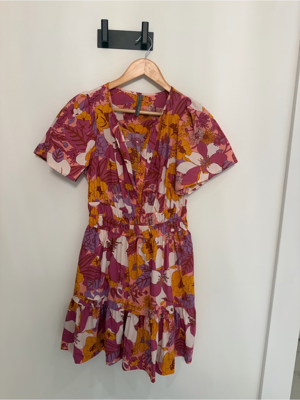 Anthropologie Floral V-Neck Tiered Mini Dress in Magenta, Mustard, Cream